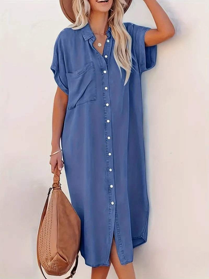 Women’s Button Front Midi Dress with Collar Neck and Side Slit
