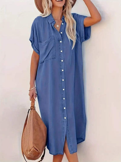 Women’s Button Front Midi Dress with Collar Neck and Side Slit