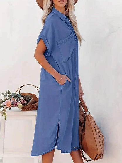 Women’s Button Front Midi Dress with Collar Neck and Side Slit