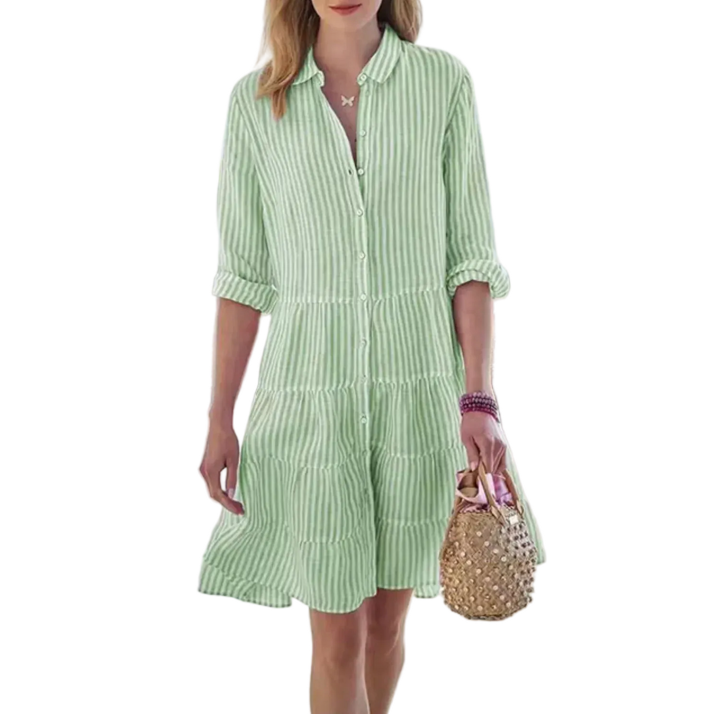 Women’s Button Front Mini Dress with Collar Neck and Stripe Print
