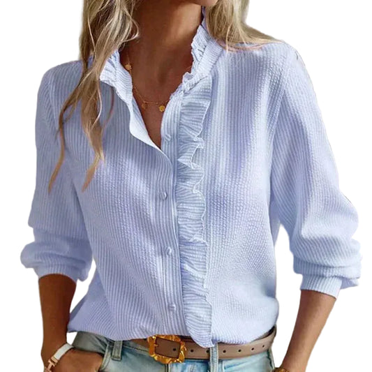Women’s Button Up Blouse with Structured Ruffle Front