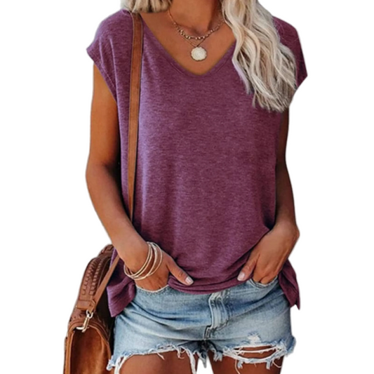 Women’s Cap Sleeve Blouse with V-Neck and Straight Hem