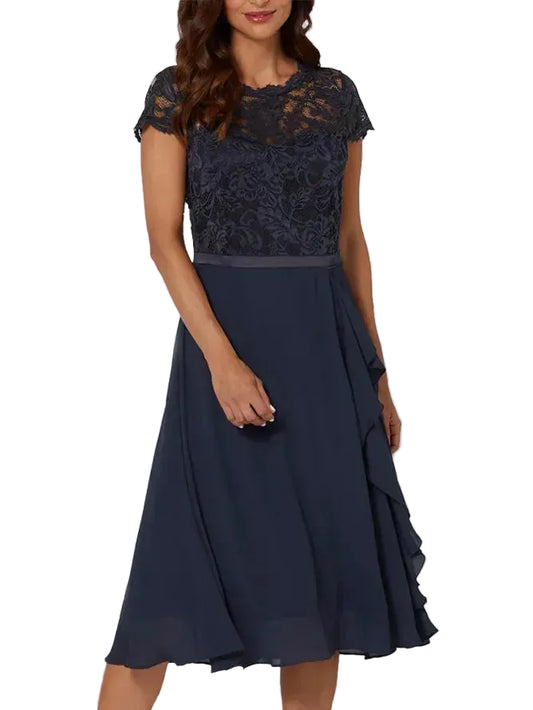 Women’s Cap Sleeve Midi Dress with Round Neck and Chiffon Skirt