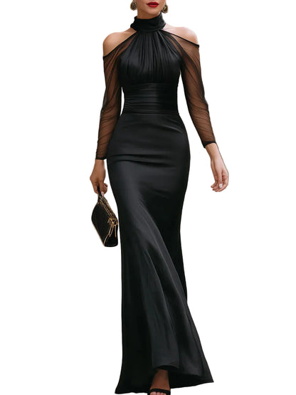 Women’s Cold Shoulder Mesh Sleeve Maxi Dress with High Neck