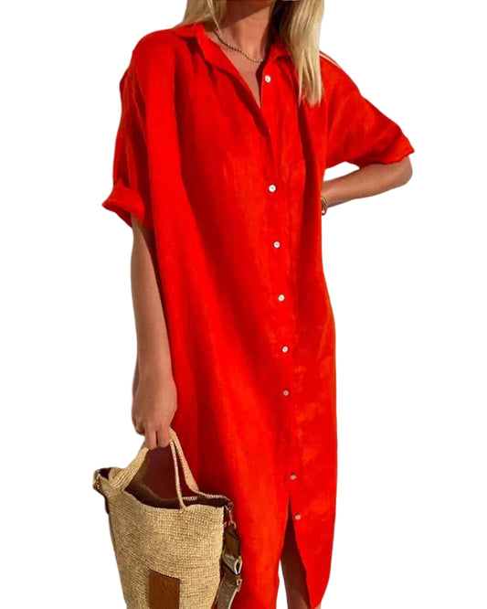 Women’s Collar Neck Midi Dress with Short Sleeves and Front Buttons