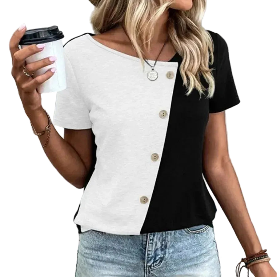 Women’s Color Block Blouse with Round Neck and Front Button Accent