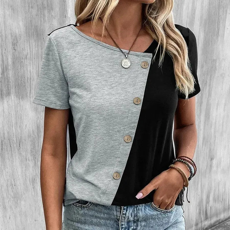 Women’s Color Block Blouse with Round Neck and Front Button Accent