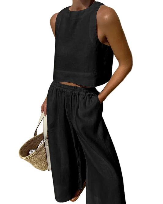 Women’s Crew Neck Sleeveless Top and Wide Leg Pants Set