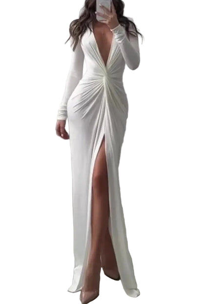 Women’s Deep V-Neck Long Sleeve Maxi Dress with Front Slit