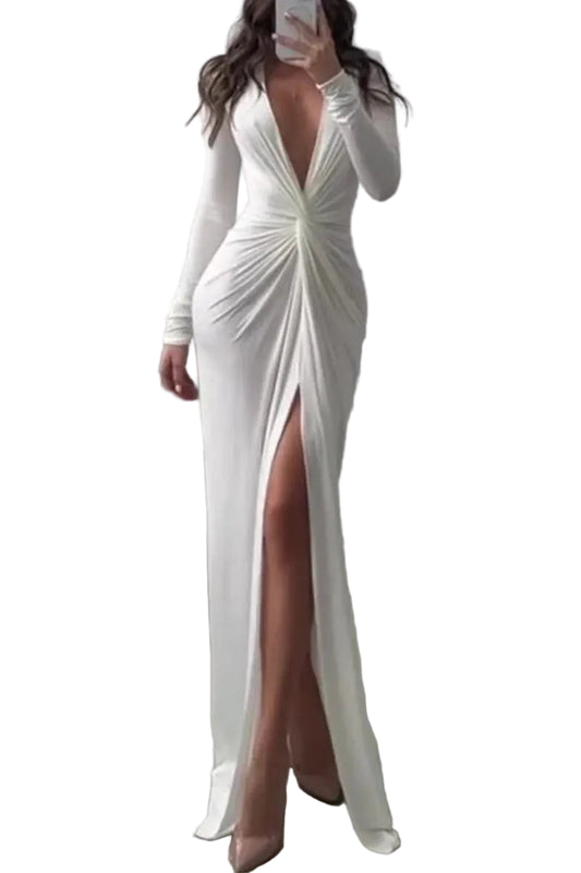 Women’s Deep V-Neck Long Sleeve Maxi Dress with Front Slit