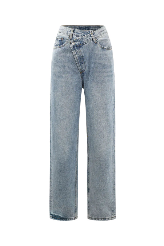 Women’s Denim Jeans with Offset Button Closure and Straight Fit
