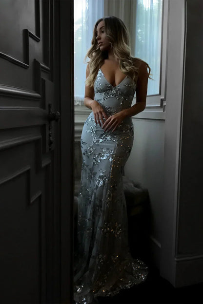 Women’s Floor Length Sequin Dress with Spaghetti Straps