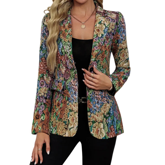 Women’s Floral Blazer with Notched Lapel and Single-Button Closure
