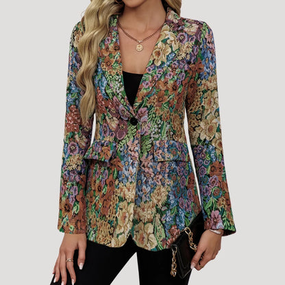 Women’s Floral Blazer with Notched Lapel and Single-Button Closure