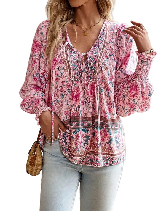 Women’s Floral Long Sleeve Blouse with V-Neck Tie