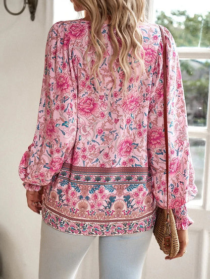 Women’s Floral Long Sleeve Blouse with V-Neck Tie