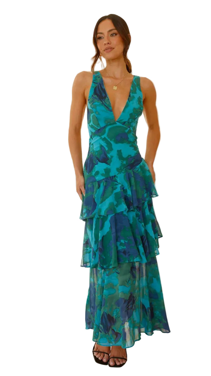 Women’s Floral Maxi Dress with V-Neckline and Layered Design