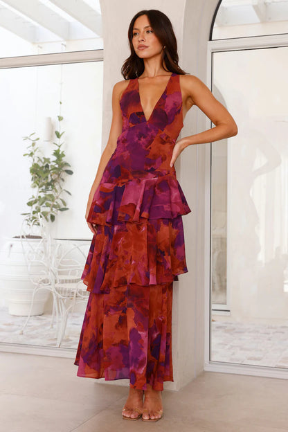 Women’s Floral Maxi Dress with V-Neckline and Layered Design