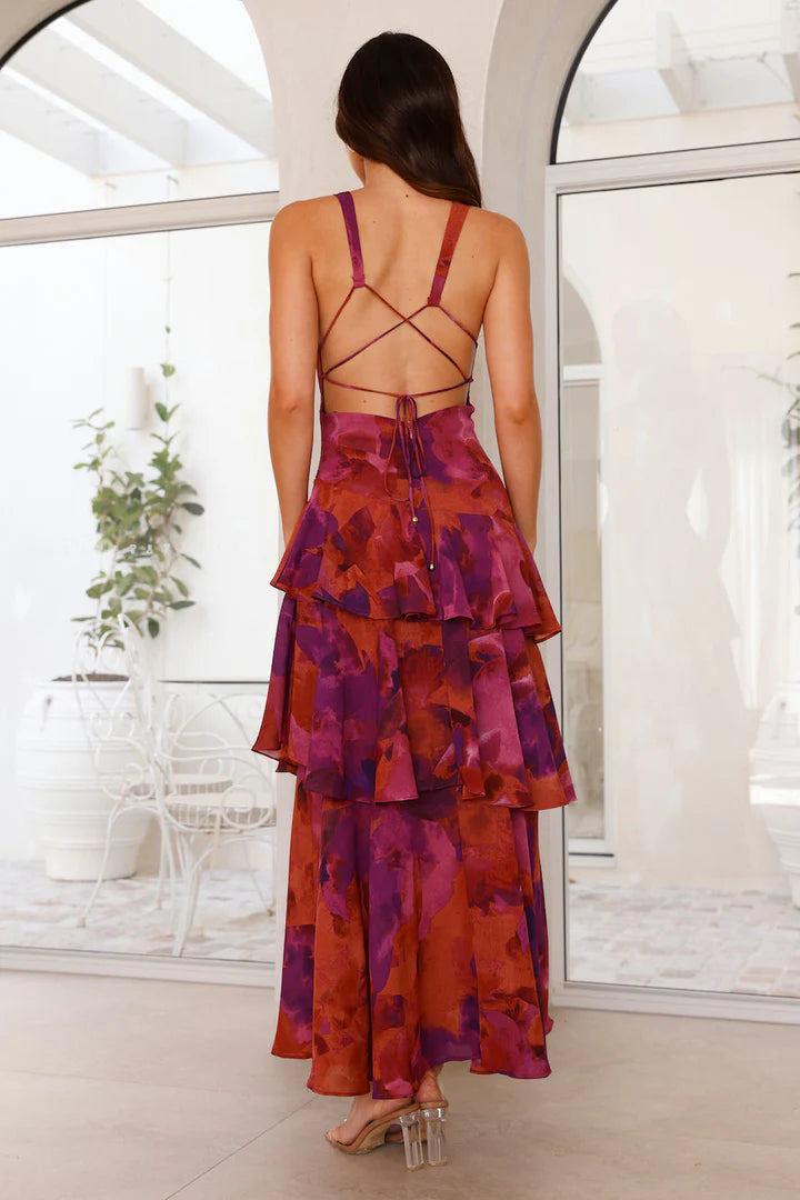 Women’s Floral Maxi Dress with V-Neckline and Layered Design