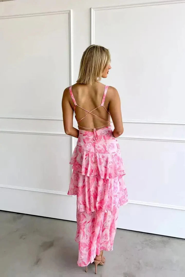Women’s Floral Maxi Dress with V-Neckline and Layered Design