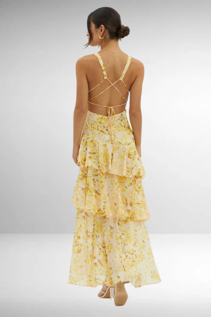 Women’s Floral Maxi Dress with V-Neckline and Layered Design