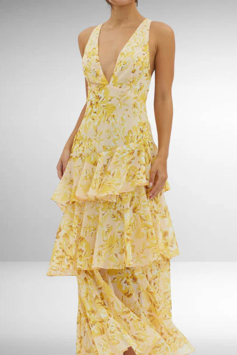 Women’s Floral Maxi Dress with V-Neckline and Layered Design