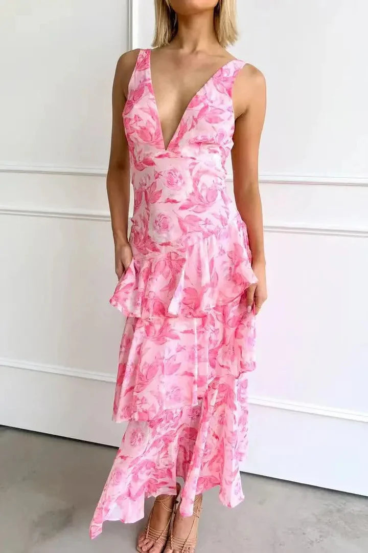 Women’s Floral Maxi Dress with V-Neckline and Layered Design