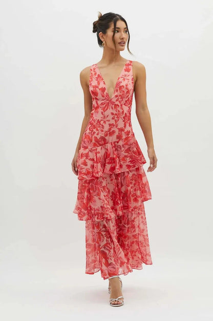 Women’s Floral Maxi Dress with V-Neckline and Layered Design