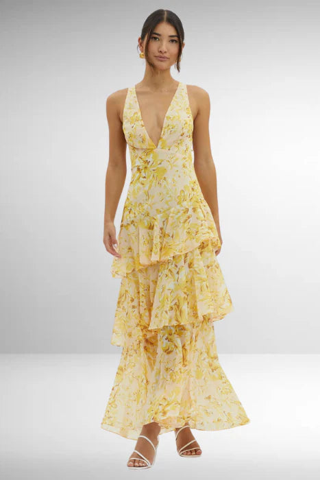 Women’s Floral Maxi Dress with V-Neckline and Layered Design