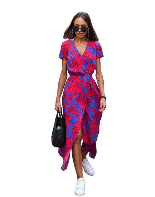 Women’s Floral Midi Dress with Short Sleeves and Tie Waist