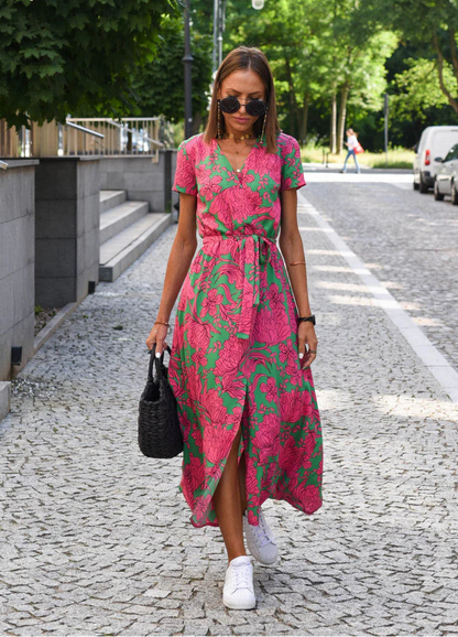 Women’s Floral Midi Dress with Short Sleeves and Tie Waist