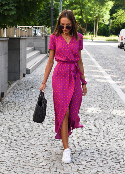 Women’s Floral Midi Dress with Short Sleeves and Tie Waist