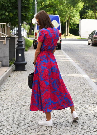 Women’s Floral Midi Dress with Short Sleeves and Tie Waist