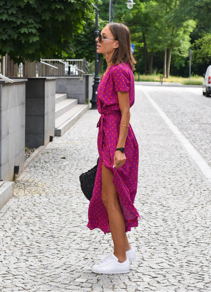 Women’s Floral Midi Dress with Short Sleeves and Tie Waist