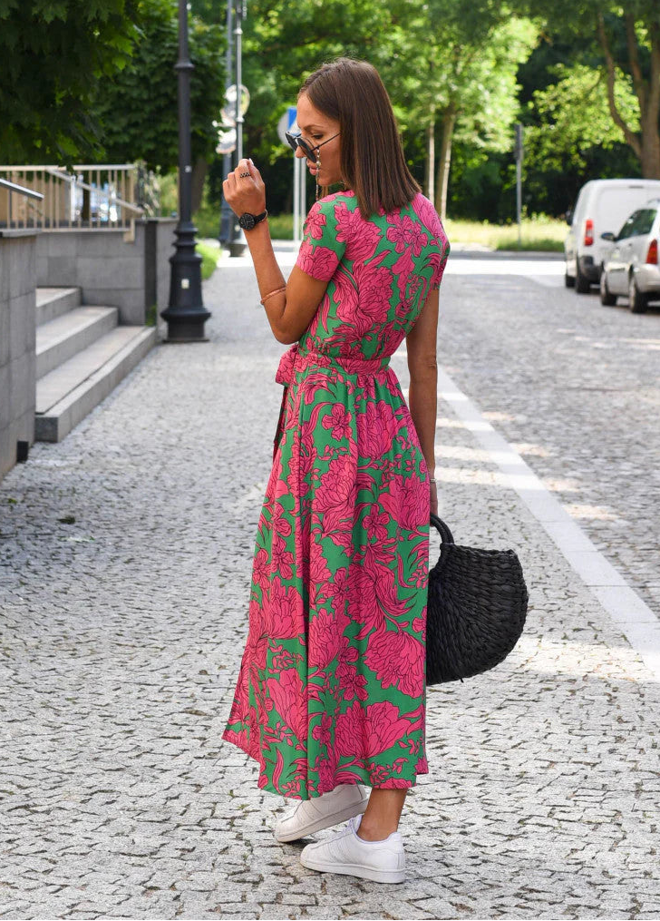 Women’s Floral Midi Dress with Short Sleeves and Tie Waist