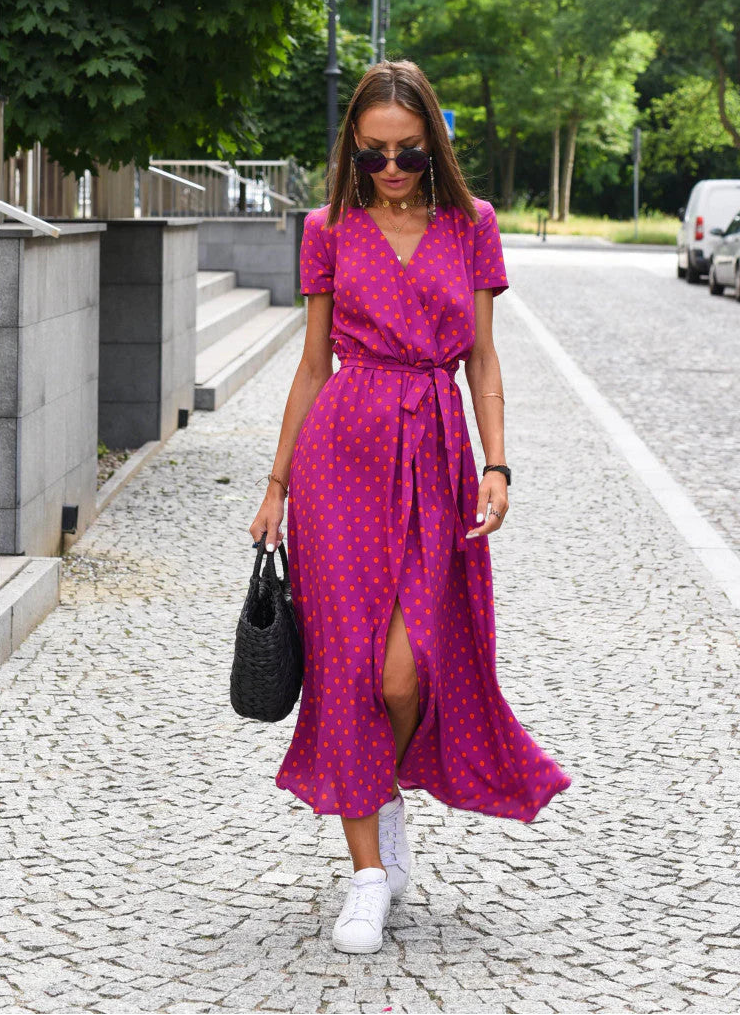 Women’s Floral Midi Dress with Short Sleeves and Tie Waist