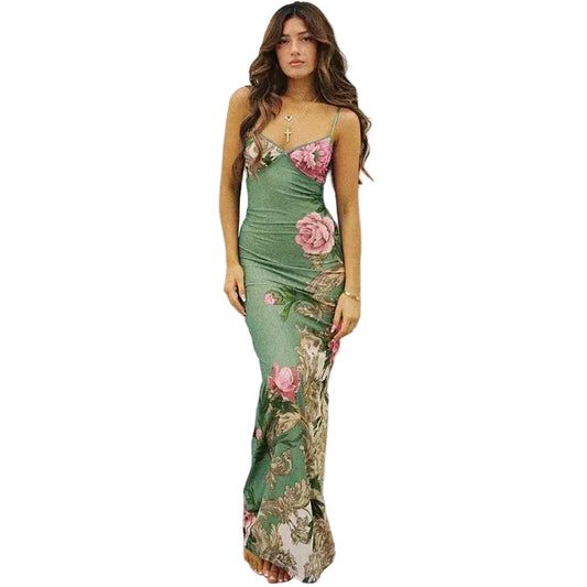 Women’s Floral Print Maxi Dress with V-Neck and Spaghetti Straps