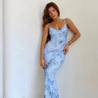 Women’s Floral Print Maxi Dress with V-Neck and Spaghetti Straps