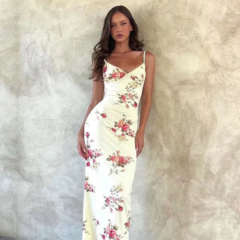 Women’s Floral Print Maxi Dress with V-Neck and Spaghetti Straps