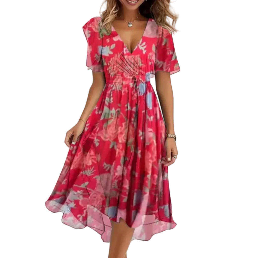 Women’s Floral Print Midi Dress with V-Neck and Drawstring Waist