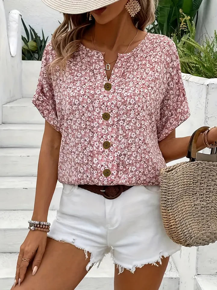 Women’s Floral Print Top with Short Sleeves and Button Closure
