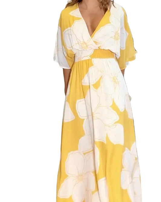 Women’s Floral Print V-Neck Maxi Dress with Elastic Waist