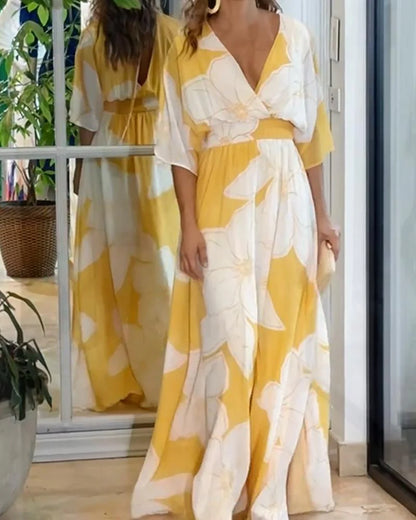 Women’s Floral Print V-Neck Maxi Dress with Elastic Waist