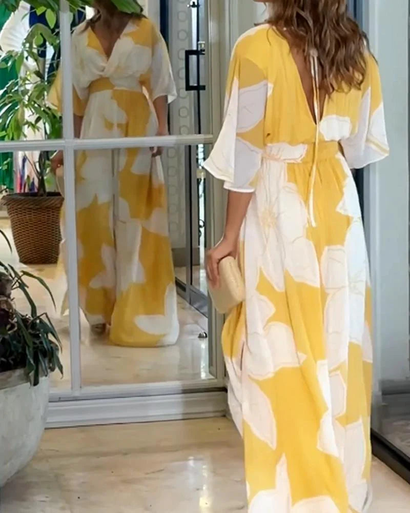 Women’s Floral Print V-Neck Maxi Dress with Elastic Waist