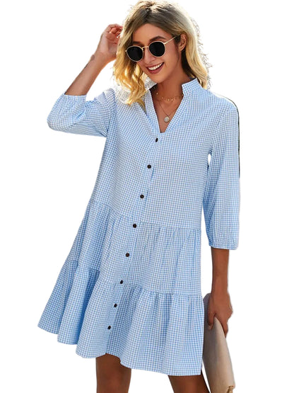 Women’s Gingham Mini Dress with Button Front and Tiered Skirt