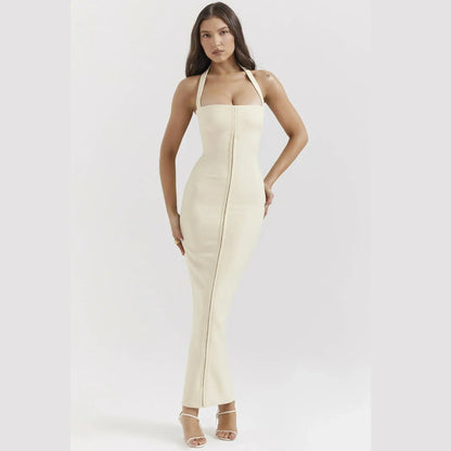Women’s Halter Maxi Dress with Square Neck and Front Seam