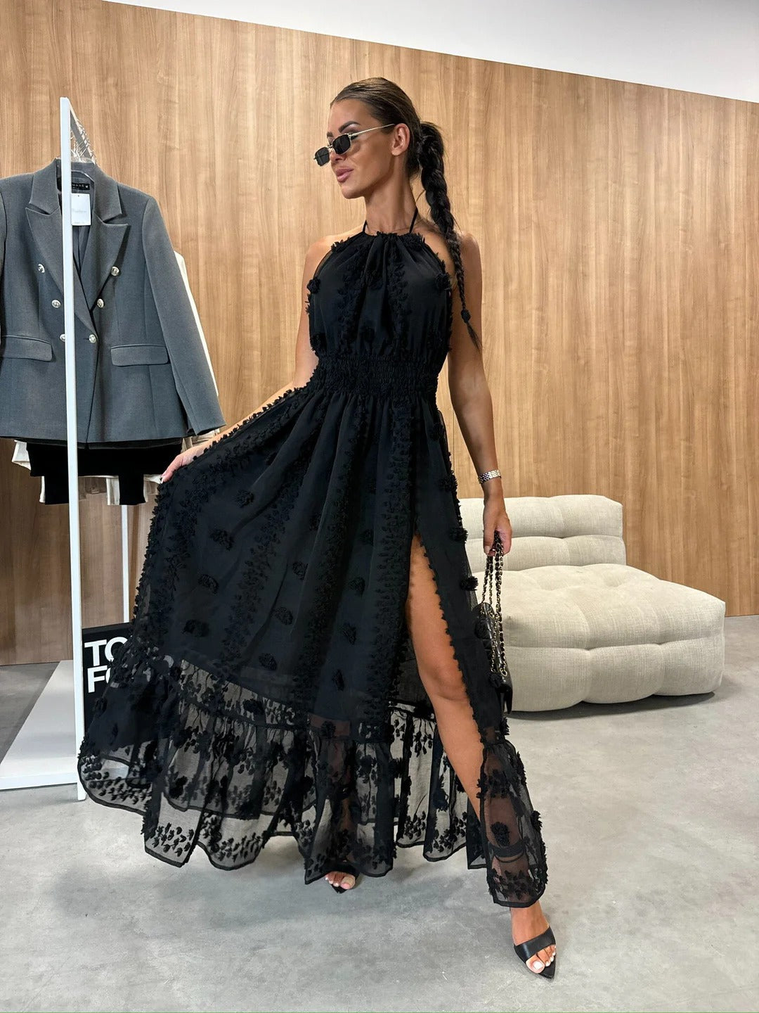 Women’s Halter Neck Maxi Dress with Elastic Waist and High Slit