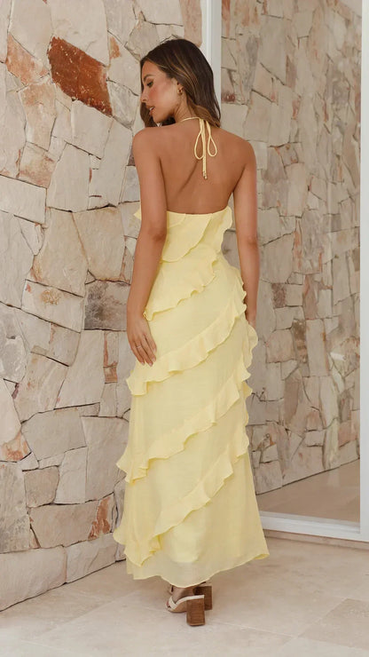 Women’s Halter Neck Maxi Dress with Flowing Ruffle Layers