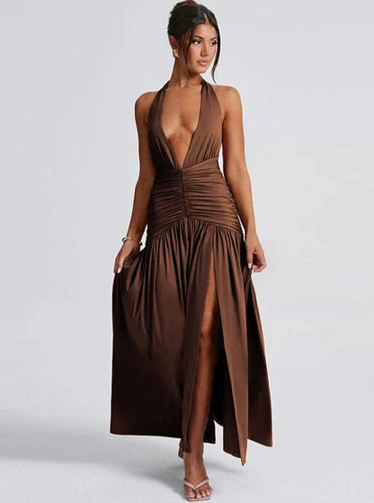 Women’s Halter Neck Maxi Dress with Ruched Waist and High Slit