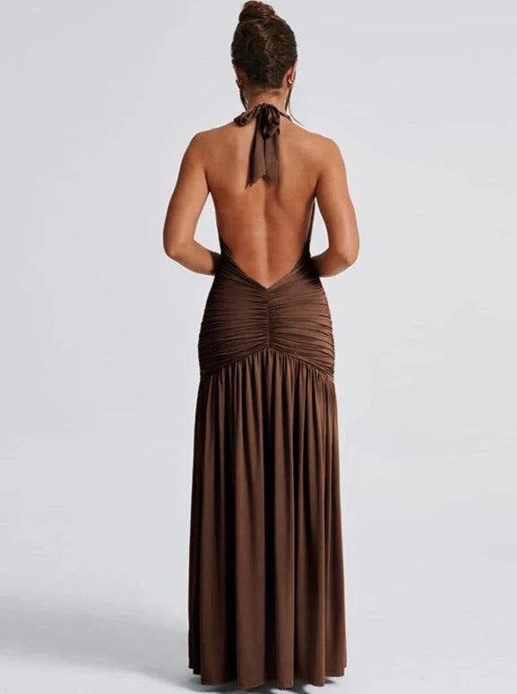 Women’s Halter Neck Maxi Dress with Ruched Waist and High Slit